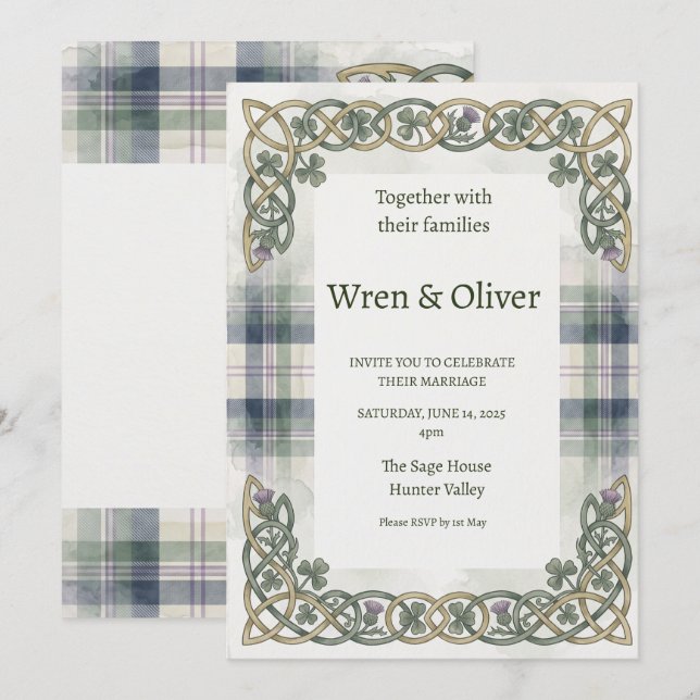 Invitación de boda de nudo celta de tartán escocés (Anverso / Reverso)