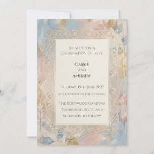 Invitación de boda de nudo celta dorado con acuare