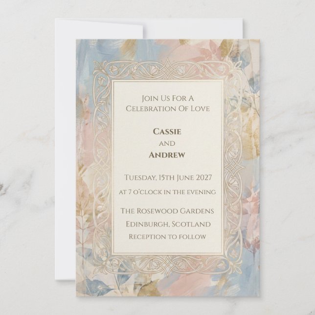 Invitación de boda de nudo celta dorado con acuare (Anverso)
