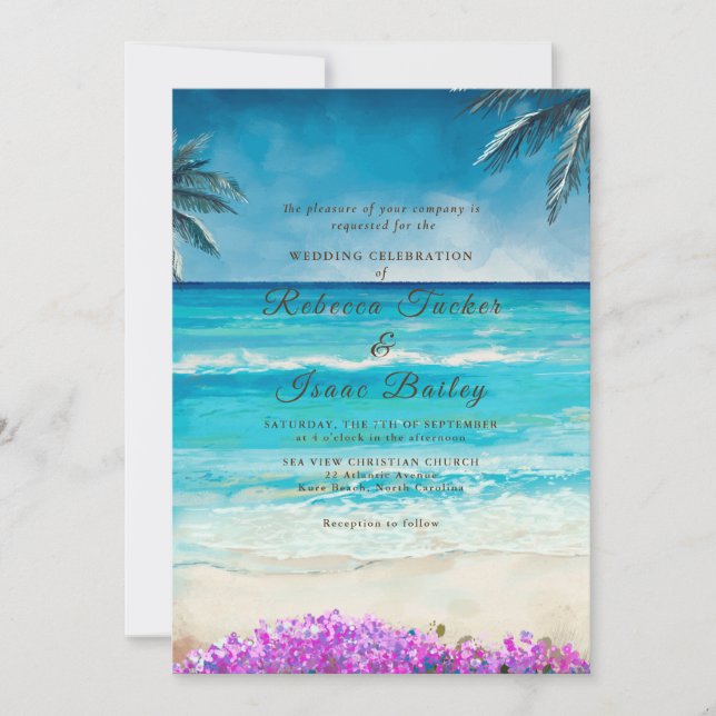 Invitación de boda de océano azul playa acuarela (Anverso)