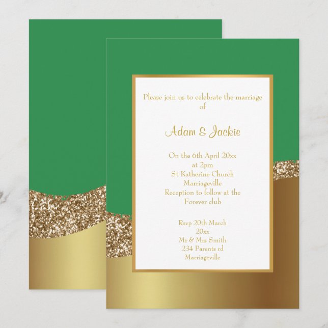 INVITACIÓN DE BODA DE OLA DE ORO VERDE LUXE (Anverso / Reverso)