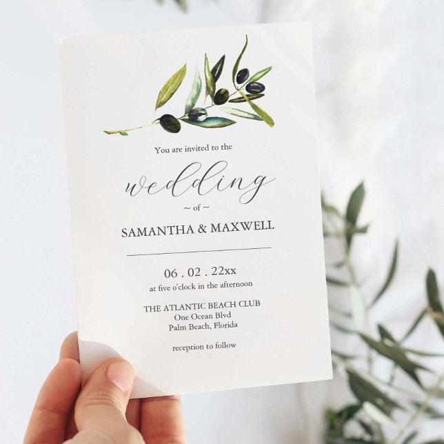Invitación de boda de olivo con código QR para RSV (Wedding invitations to buy with watercolor olive branch art by Victoria Grigaliunas Do Tell A Belle)