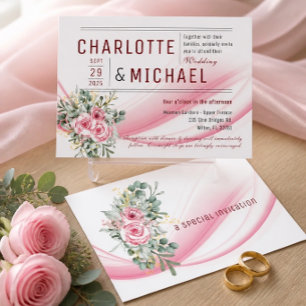Invitación de boda de onda rosa y floral