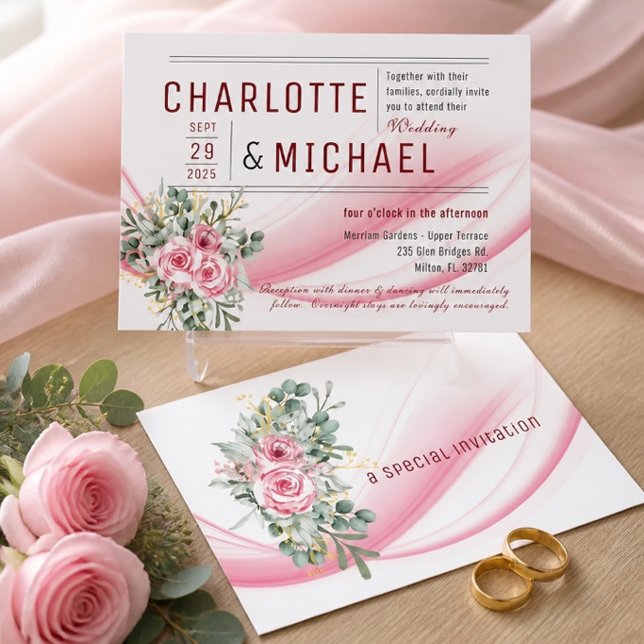 Invitación de boda de onda rosa y floral (Subido por el creador)