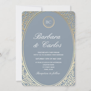 Invitación de boda de oro barroco azul polvoriento
