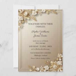 Invitación de boda de oro floral marfil de champán