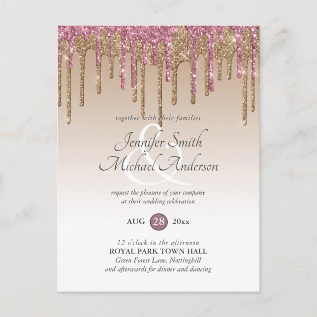 INVITACIÓN DE BODA DE Oro Rosa Purpurina Rosado (Anverso)