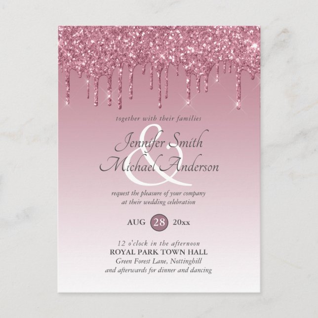 INVITACIÓN DE BODA DE Oro Rosa Purpurina Rosado (Anverso)