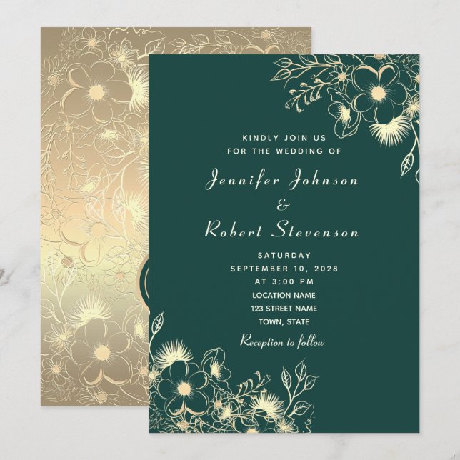 Invitación de boda de oro verde esmeralda (Anverso / Reverso)