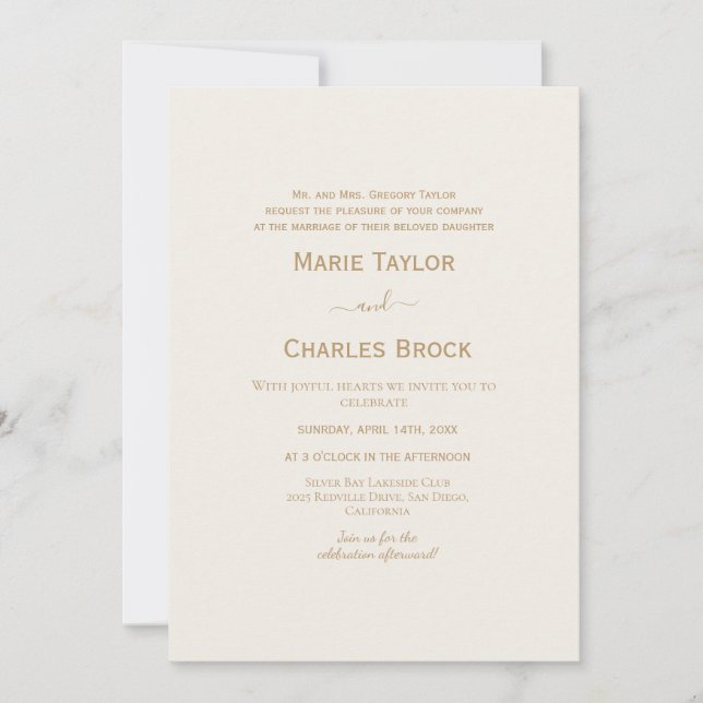 Invitación de boda de oro y crema (Anverso)