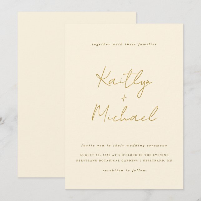 Invitación de boda de oro y crema con letra modern (Anverso / Reverso)