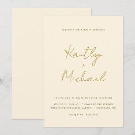 Invitación de boda de oro y crema con letra modern