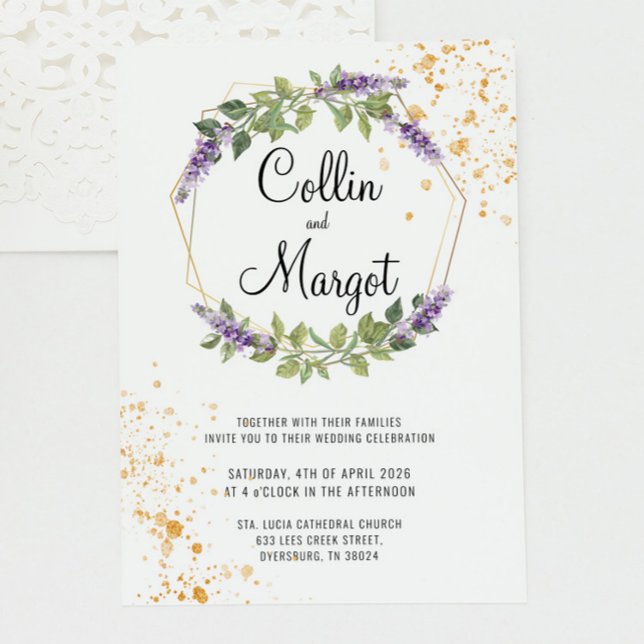 Invitación de boda de oro y lavanda (Subido por el creador)