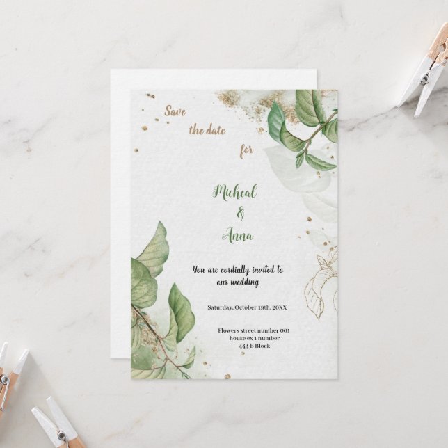 INVITACIÓN DE BODA DE ORO Y VERDE (Anverso/Reverso In Situ)