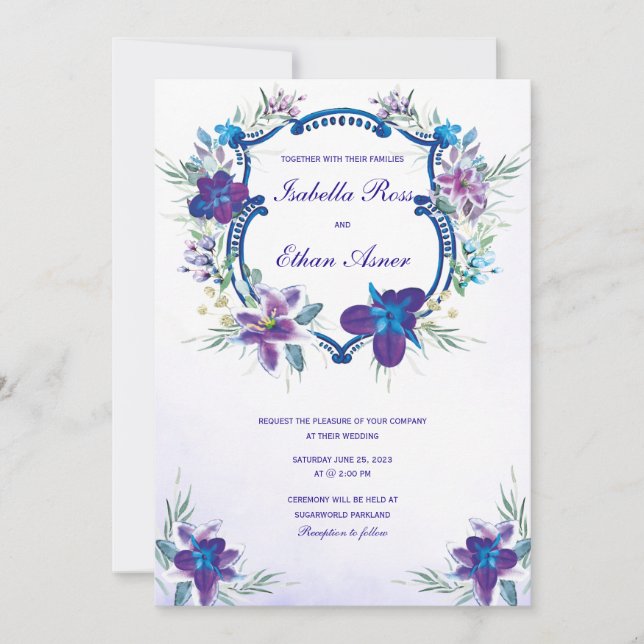 Invitación de boda de orquídea azul turquesa púrpu (Anverso)