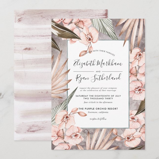 Invitación de boda de orquídea de invierno cálido (Anverso / Reverso)