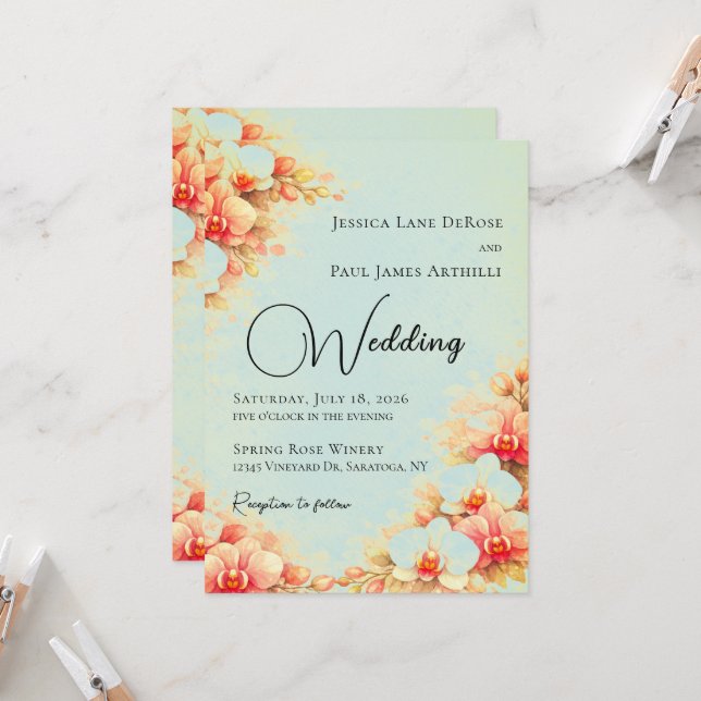 Invitación de boda de orquídea rosa y azul polvori (Anverso/Reverso In Situ)