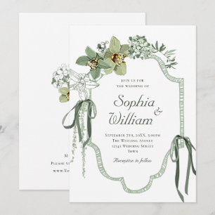 Invitación de boda de orquídeas verde salvia pinta