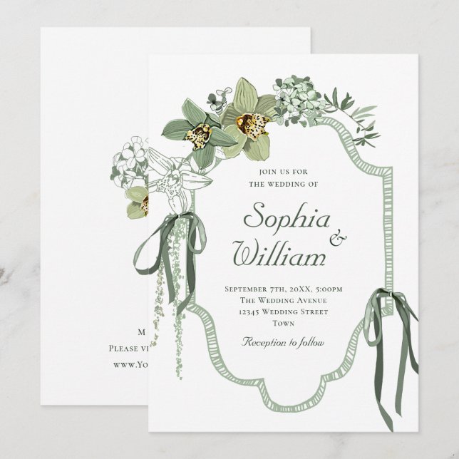 Invitación de boda de orquídeas verde salvia pinta (Anverso / Reverso)