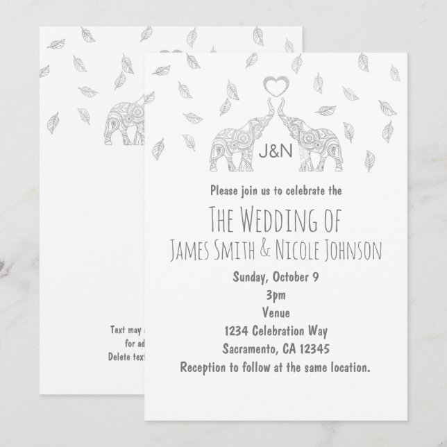Invitación de boda de otoño con dos elefantes cora (Anverso / Reverso)
