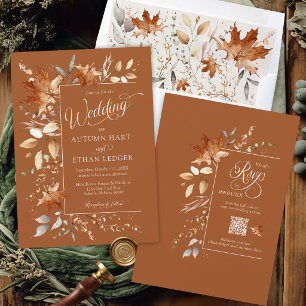 Invitación de boda de otoño con hojas de acuarela
