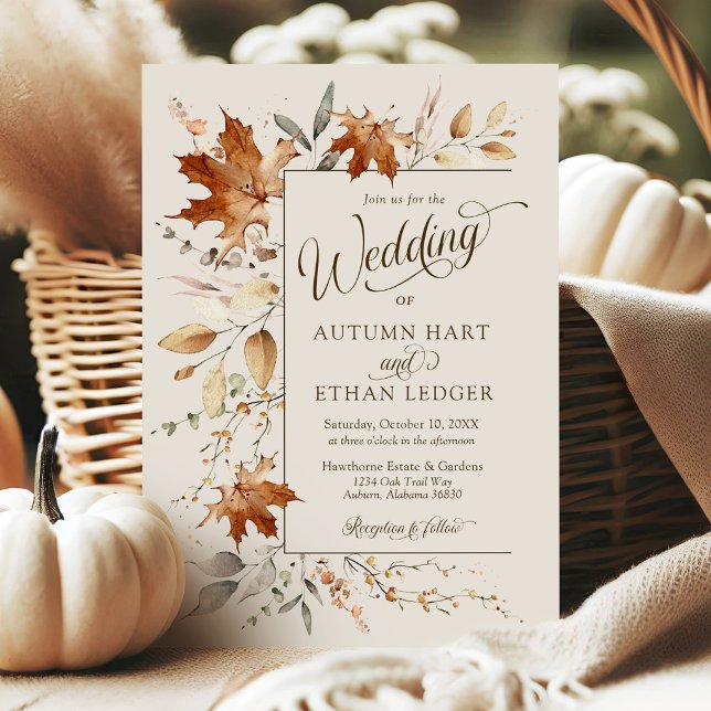 Invitación de boda de otoño con hojas de acuarela  (Elegant watercolor Autumn leaves modern ivory rustic boho QR code rsvp Fall wedding invitations)
