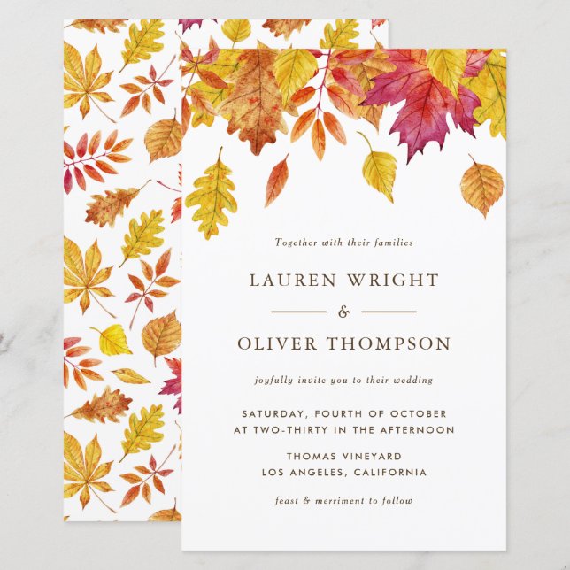 Invitación de boda de otoño con hojas de acuarela (Anverso / Reverso)