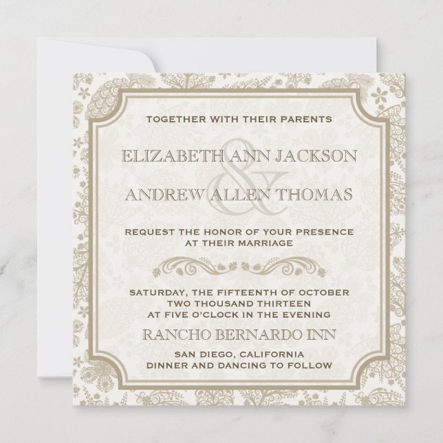 Invitación de boda de otoño con hojas de encaje vi (Anverso)