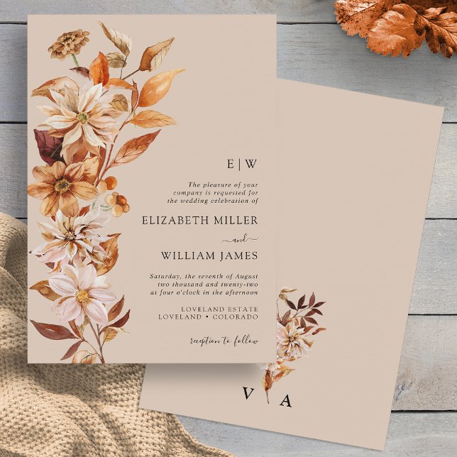 Invitación de boda de otoño con monograma (Monogram Fall Floral Taupe Wedding Invitation by Painted Paperie
)