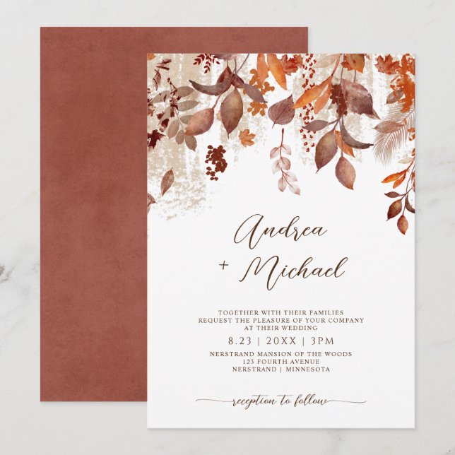 Invitación de boda de otoño con óxido y follaje de (Anverso / Reverso)