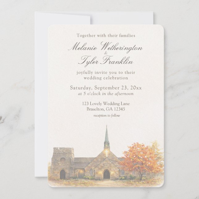 Invitación de boda de otoño en capilla de piedra c (Anverso)