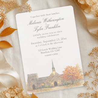 Invitación de boda de otoño en capilla de piedra c