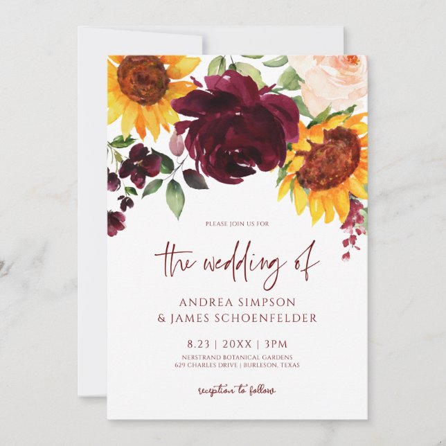Invitación de Boda de Otoño Girasoles Rosas Borgoñ (Anverso)