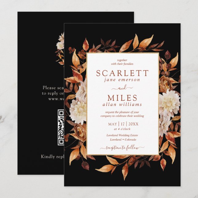 Invitación de boda de otoño negra (Anverso / Reverso)