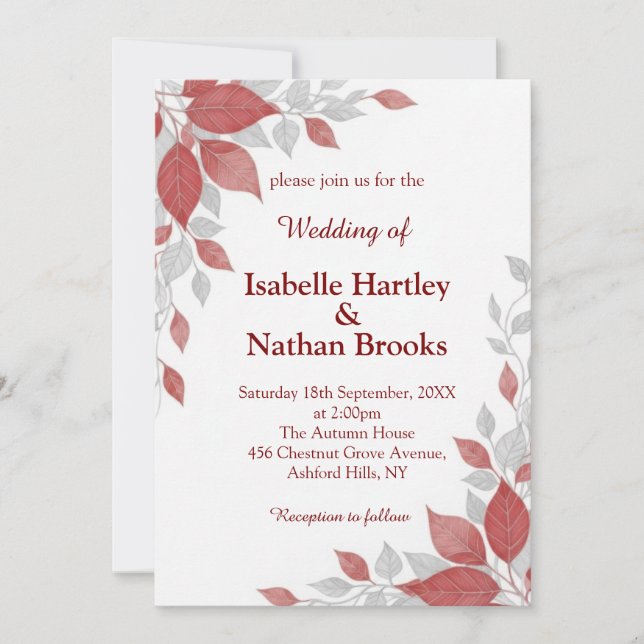 Invitación de boda de otoño roja y gris (Anverso)