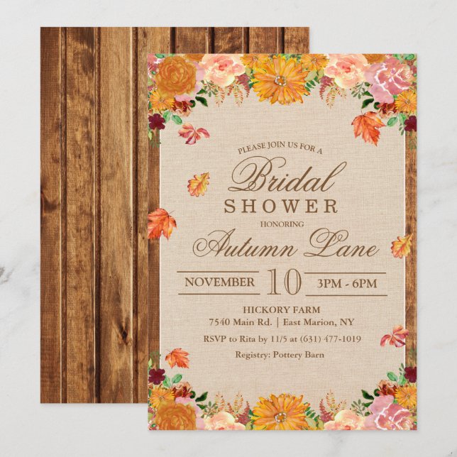 Invitación de boda de otoño rústico floral de otoñ (Anverso / Reverso)