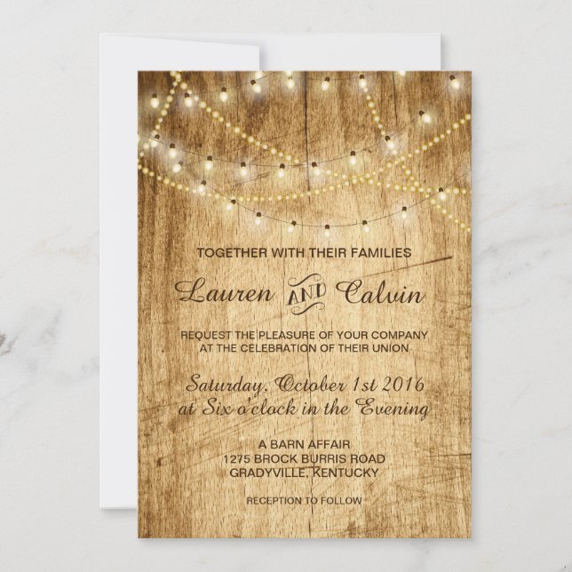 Invitación de boda de país con luces de cadena (Anverso)