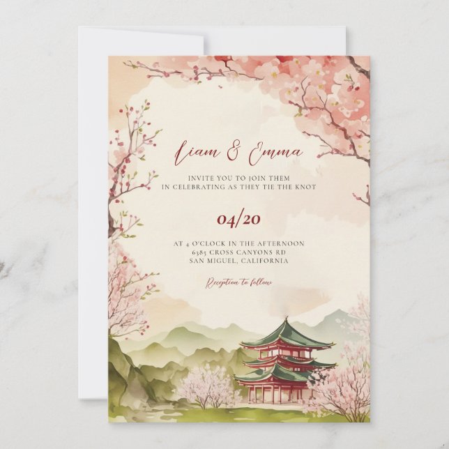 Invitación de boda de paisaje tradicional japonés (Anverso)