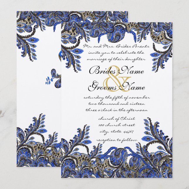 Invitación de boda de paisley pavo real azul marin (Anverso / Reverso)
