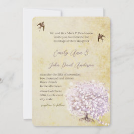 Invitación de boda de pájaro árbol púrpura hoja co
