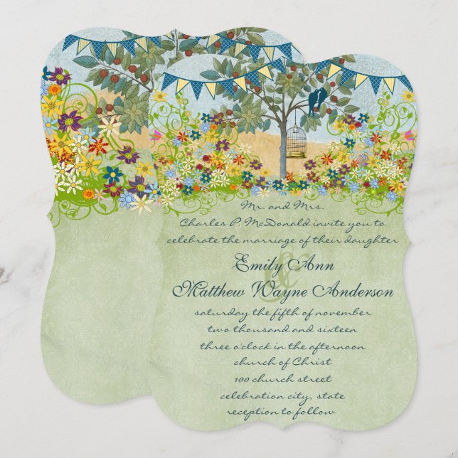 Invitación de boda de pájaro de amor azul bosque e (Anverso / Reverso)