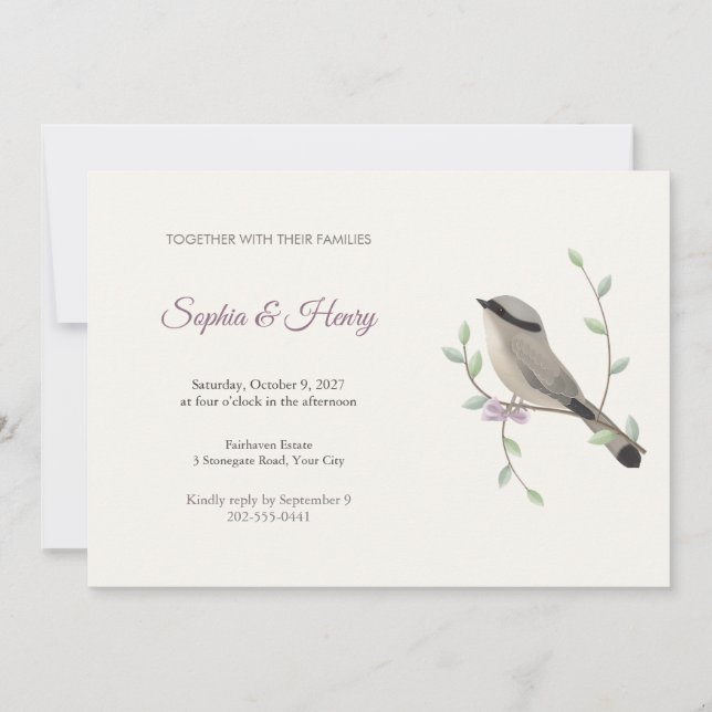 Invitación de boda de pájaros cantores Hypocolius (Anverso)