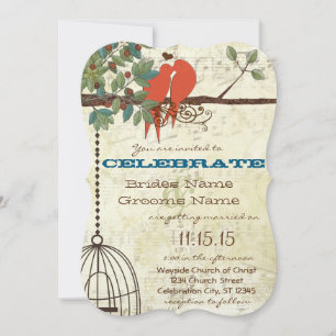 Invitación de boda de pájaros de amor azul verdoso