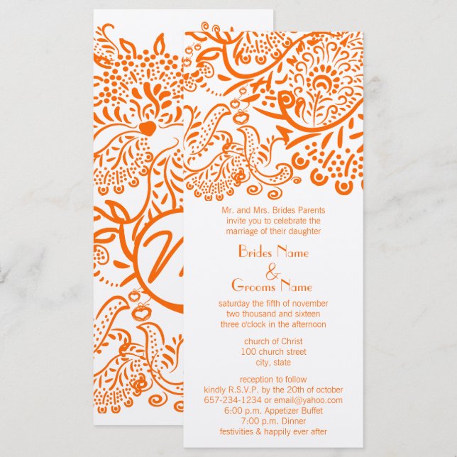 Invitación de boda de pájaros de amor naranja (Anverso / Reverso)