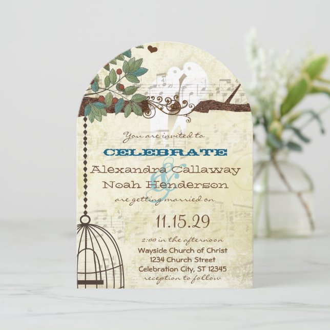 Invitación de boda de pájaros de amor sentados en  (Anverso de pie)