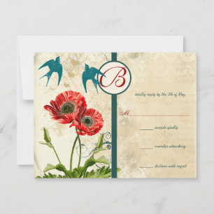 Invitación de boda de pájaros de damasco de amapol