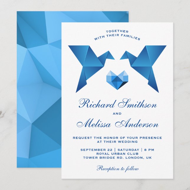 Invitación de boda de pájaros de origami geométric (Anverso / Reverso)