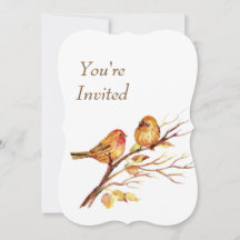 Invitación de boda de pájaros dorados rojos marron