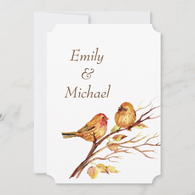 Invitación de boda de pájaros dorados rojos marron (Anverso)
