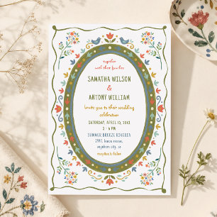 Invitación de boda de pájaros florales folk capric